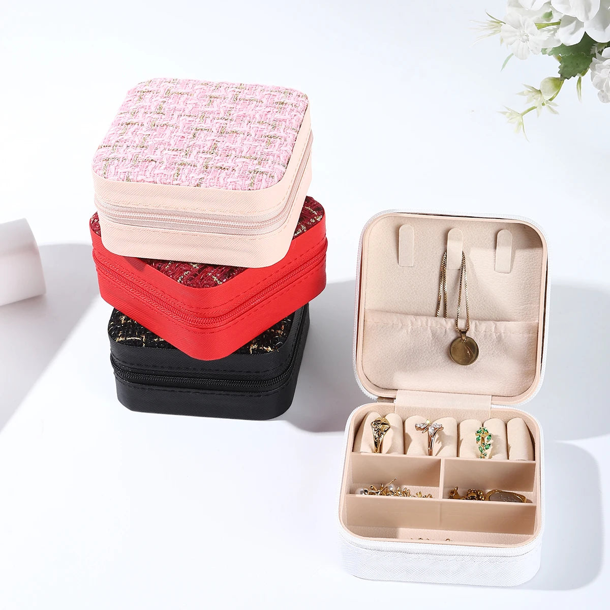 Small Plaid Fabric Travel Jewelry Box Portable Jewellery Storage Organizer Case For Necklace Ring Earring Women Gift Accessories