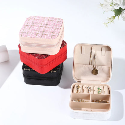 Small Plaid Fabric Travel Jewelry Box Portable Jewellery Storage Organizer Case For Necklace Ring Earring Women Gift Accessories