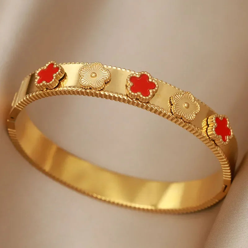 316L Stainless Steel Shell Letter V Bangle for Women Vintage Flower Cross Letter M Bracelets Rust-proof Wrist Jewelry Gift Party