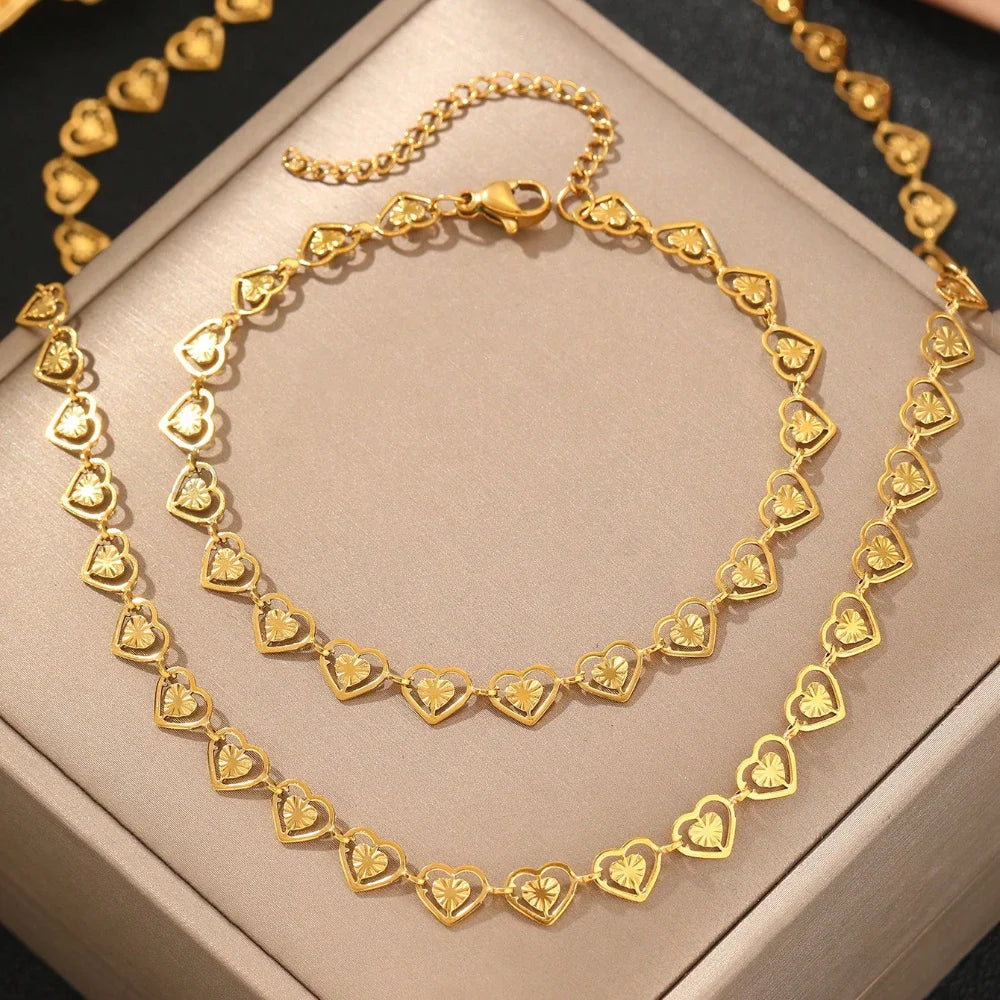 316L Stainless Steel 3D Heart Pendant Necklace Bracelet Jewelry Set For Women Love Romantic Waterproof Sweet Charm Metal Gifts