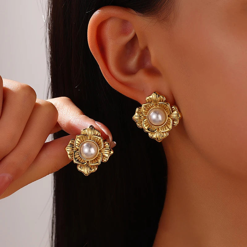 EILIECK 316L Stainless Steel Flower Pearl Stud Earrings For Women Girl Fashion New Gold Color Waterproof Jewelry Lady Gift