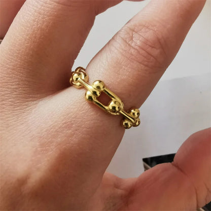 2024 Fashion Geometric 18K Gold Color U-shape Stitching Thick Chain Ring 316L Stainless Steel Woman Man Couple Ring Jewelry