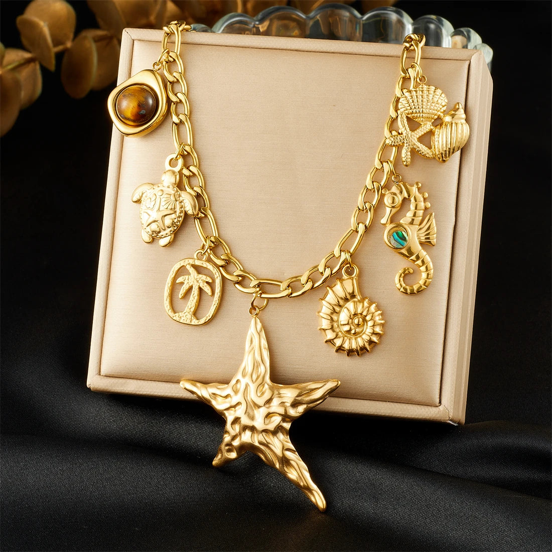 MEYRROYU 316L Stainless Steel Irregular Starfish Conch Turtle Multi Pendant Necklace Lady Fashion Ocean Style Neck Chain Jewelry