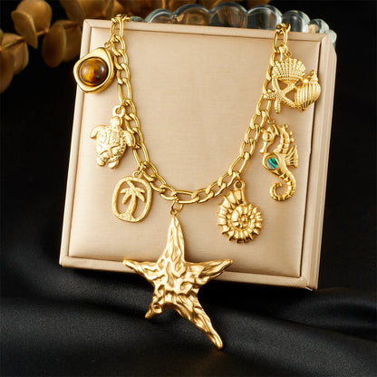 MEYRROYU 316L Stainless Steel Irregular Starfish Conch Turtle Multi Pendant Necklace Lady Fashion Ocean Style Neck Chain Jewelry