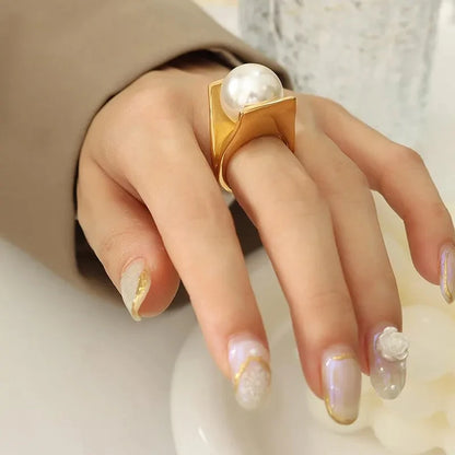 Chic 316L Stainless Steel Ring Y Shaped Big Imitation Pearl Rings For Women Exaggerated Charm Jewelry Wholesale