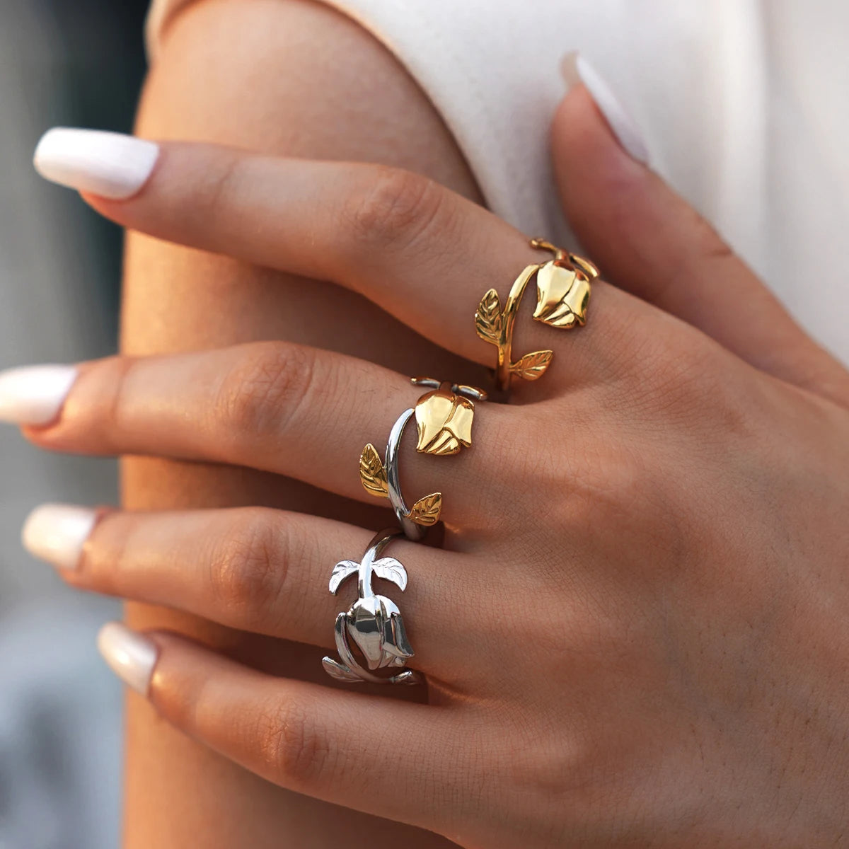 316L Stainless Steel Flower Adjustable Opening Fashion Rings Waterproof Metal Tarnish Resistant Jewelry for Women Bijoux
