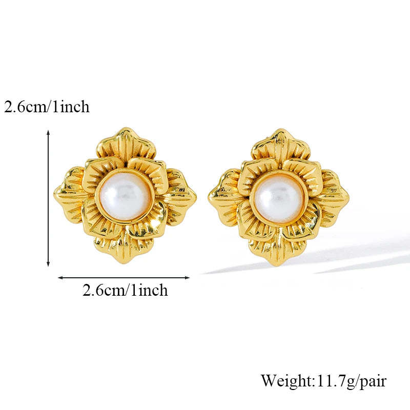 EILIECK 316L Stainless Steel Flower Pearl Stud Earrings For Women Girl Fashion New Gold Color Waterproof Jewelry Lady Gift