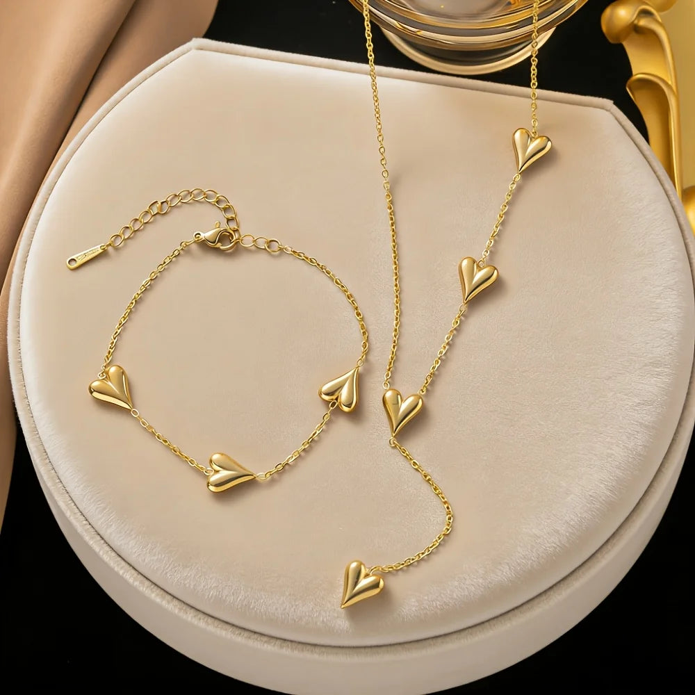 316L Stainless Steel 3D Heart Pendant Necklace Bracelet Jewelry Set For Women Love Romantic Waterproof Sweet Charm Metal Gifts