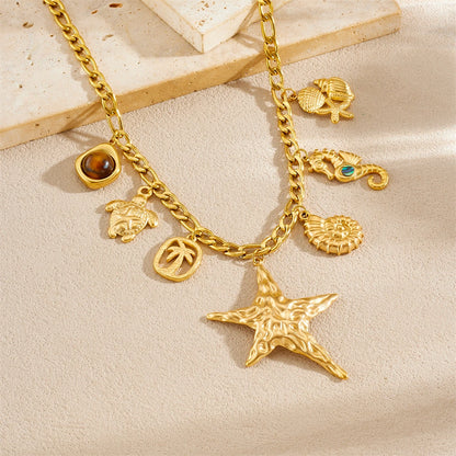 MEYRROYU 316L Stainless Steel Irregular Starfish Conch Turtle Multi Pendant Necklace Lady Fashion Ocean Style Neck Chain Jewelry