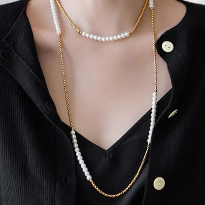 New 316L Stainless Steel Half  Chain and Pearl Necklace for Women Long sweater Chain Exquisite Niche Kpop Collarbone Jewelry