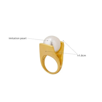 Chic 316L Stainless Steel Ring Y Shaped Big Imitation Pearl Rings For Women Exaggerated Charm Jewelry Wholesale