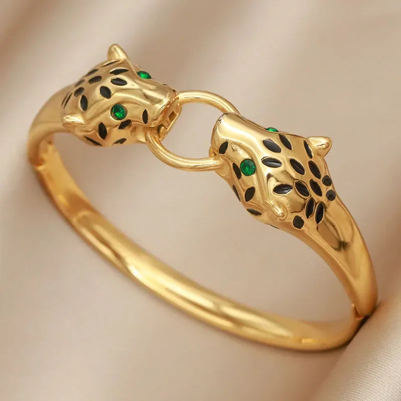 316L Stainless Steel Crystal Leopard Bangles for Women Vintage Bracelets Rust-proof Flower Zirconia Tree Wrist Jewelry Gift