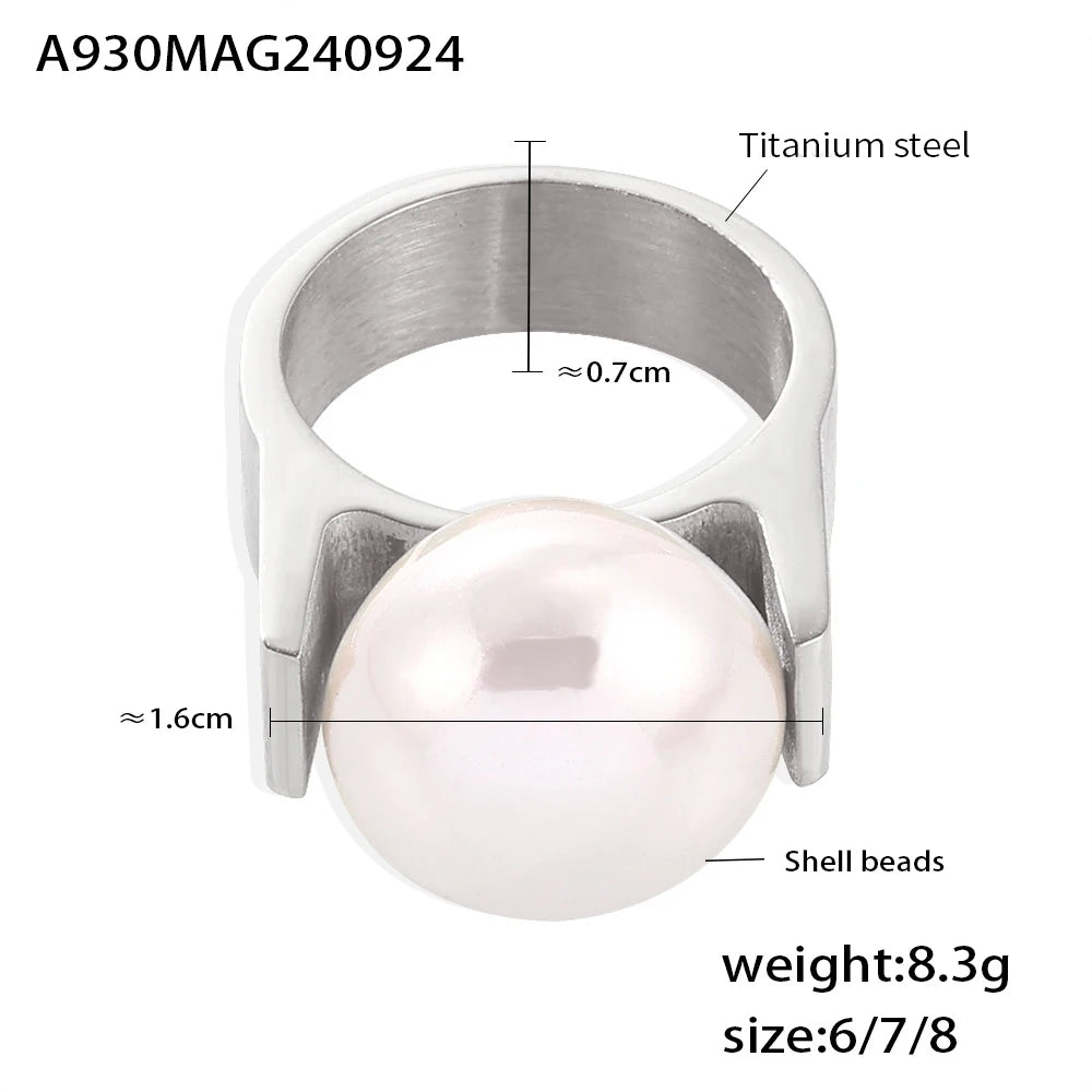 Chic 316L Stainless Steel Ring Y Shaped Big Imitation Pearl Rings For Women Exaggerated Charm Jewelry Wholesale