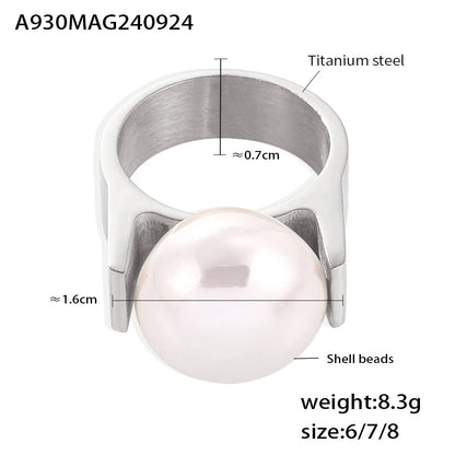 Chic 316L Stainless Steel Ring Y Shaped Big Imitation Pearl Rings For Women Exaggerated Charm Jewelry Wholesale