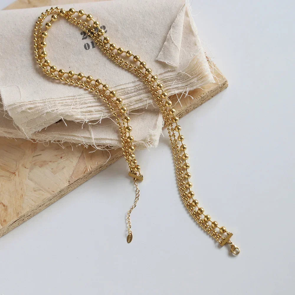 RHYSONG 316L Stainless Steel With 18K Gold Plated PVD Unique Layered  Beads Chain Necklace For Women Fashion Gold Silver Jewelry