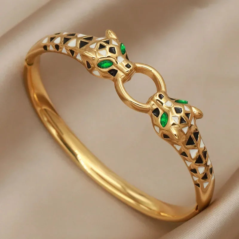 316L Stainless Steel Crystal Leopard Bangles for Women Vintage Bracelets Rust-proof Flower Zirconia Tree Wrist Jewelry Gift