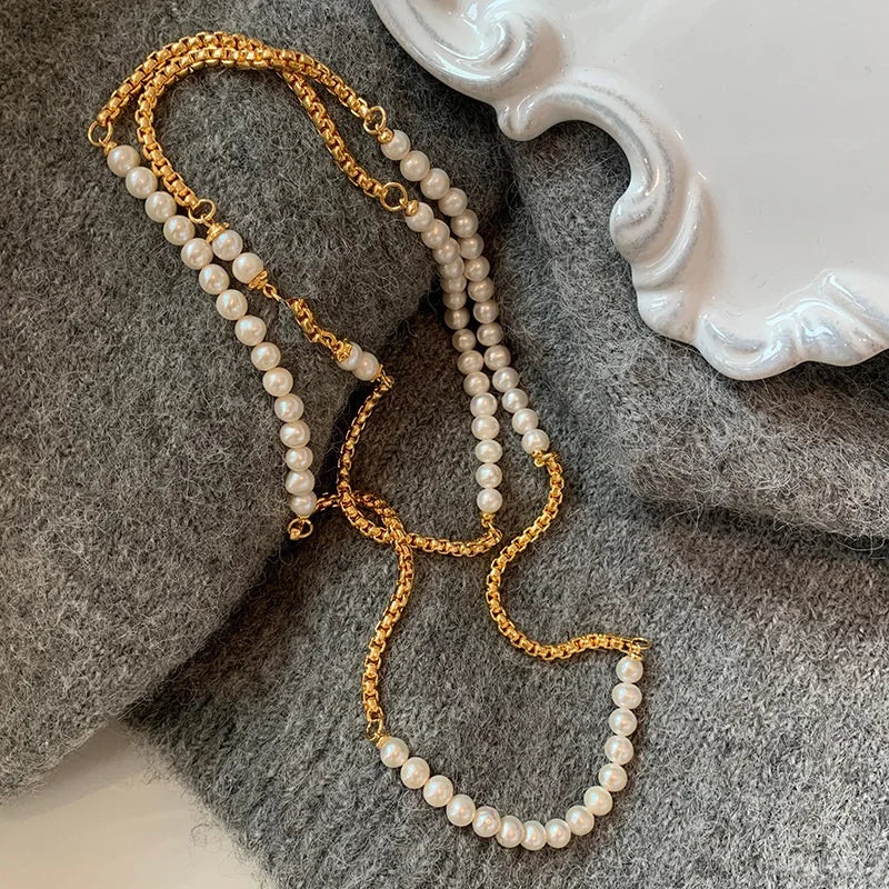 New 316L Stainless Steel Half  Chain and Pearl Necklace for Women Long sweater Chain Exquisite Niche Kpop Collarbone Jewelry