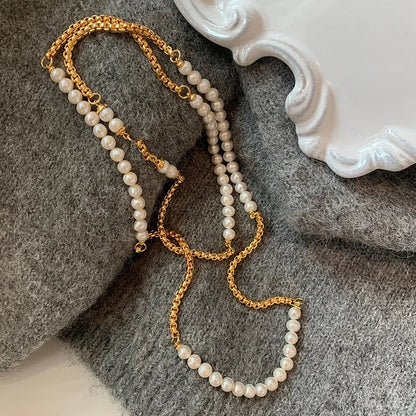 New 316L Stainless Steel Half  Chain and Pearl Necklace for Women Long sweater Chain Exquisite Niche Kpop Collarbone Jewelry