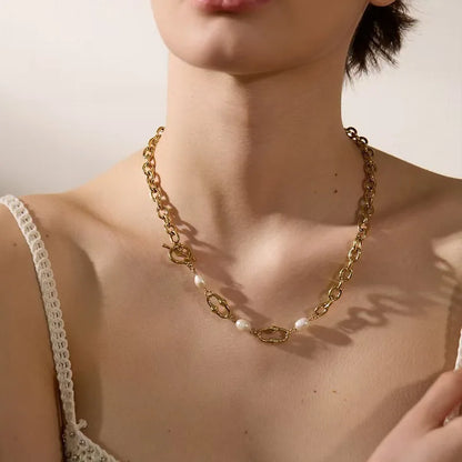 GANPUP 316l Stainless Steel Metal Pearls Chain Choker Necklace For Women Fashion Texture Waterproof Jewelry Neck Chain Gift