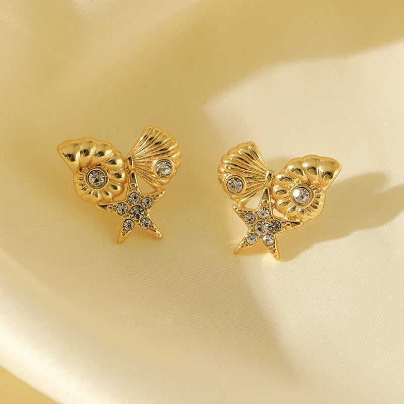 EILIECK 316L Stainless Steel Starfish Shell Zircon Stud Earrings For Women Fashion Waterproof Ear Jewelry Girls Gift Bijoux