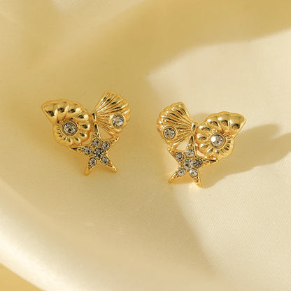 EILIECK 316L Stainless Steel Starfish Shell Zircon Stud Earrings For Women Fashion Waterproof Ear Jewelry Girls Gift Bijoux