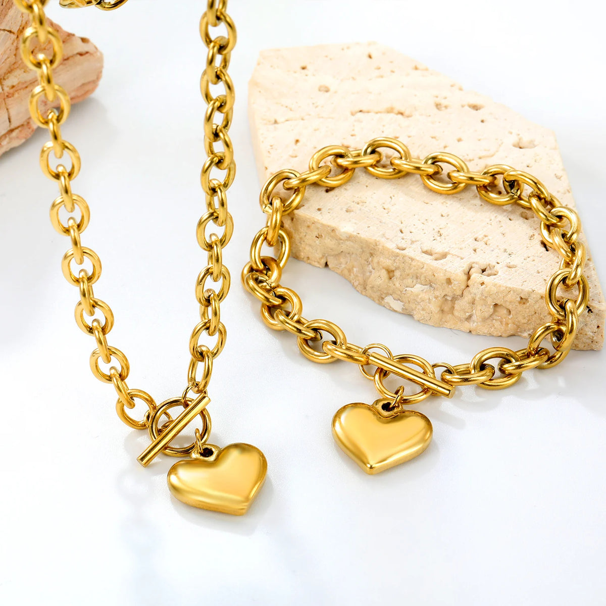 316L Stainless Steel 3D Heart Pendant Necklace Bracelet Jewelry Set For Women Love Romantic Waterproof Sweet Charm Metal Gifts