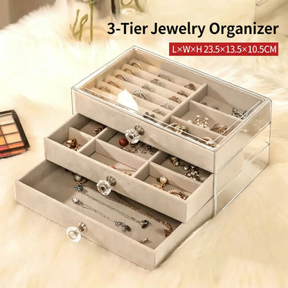 3-Tier Clear Acrylic Jewelry Box Drawer Organizer Velvet Lining Desktop Storage Rings Earrings Necklaces Bracelets Holder Women