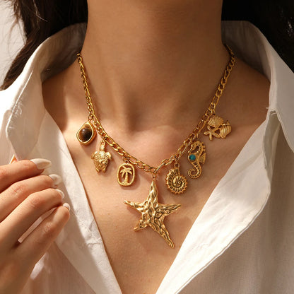 MEYRROYU 316L Stainless Steel Irregular Starfish Conch Turtle Multi Pendant Necklace Lady Fashion Ocean Style Neck Chain Jewelry