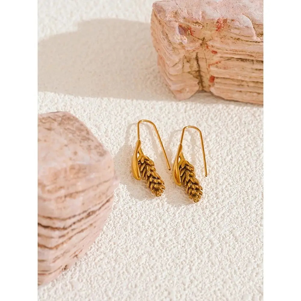 New 316L Stainless Steel Ear of Wheat Fashion Earrings 18K Gold Plated Water Resistant Personal Statement Jewelry Women