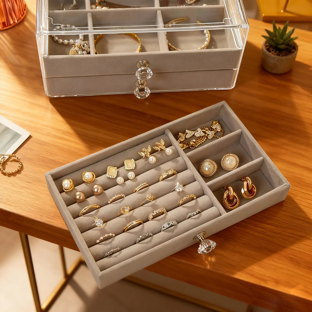 3-Tier Clear Acrylic Jewelry Box Drawer Organizer Velvet Lining Desktop Storage Rings Earrings Necklaces Bracelets Holder Women
