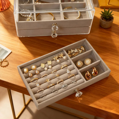 3-Tier Clear Acrylic Jewelry Box Drawer Organizer Velvet Lining Desktop Storage Rings Earrings Necklaces Bracelets Holder Women