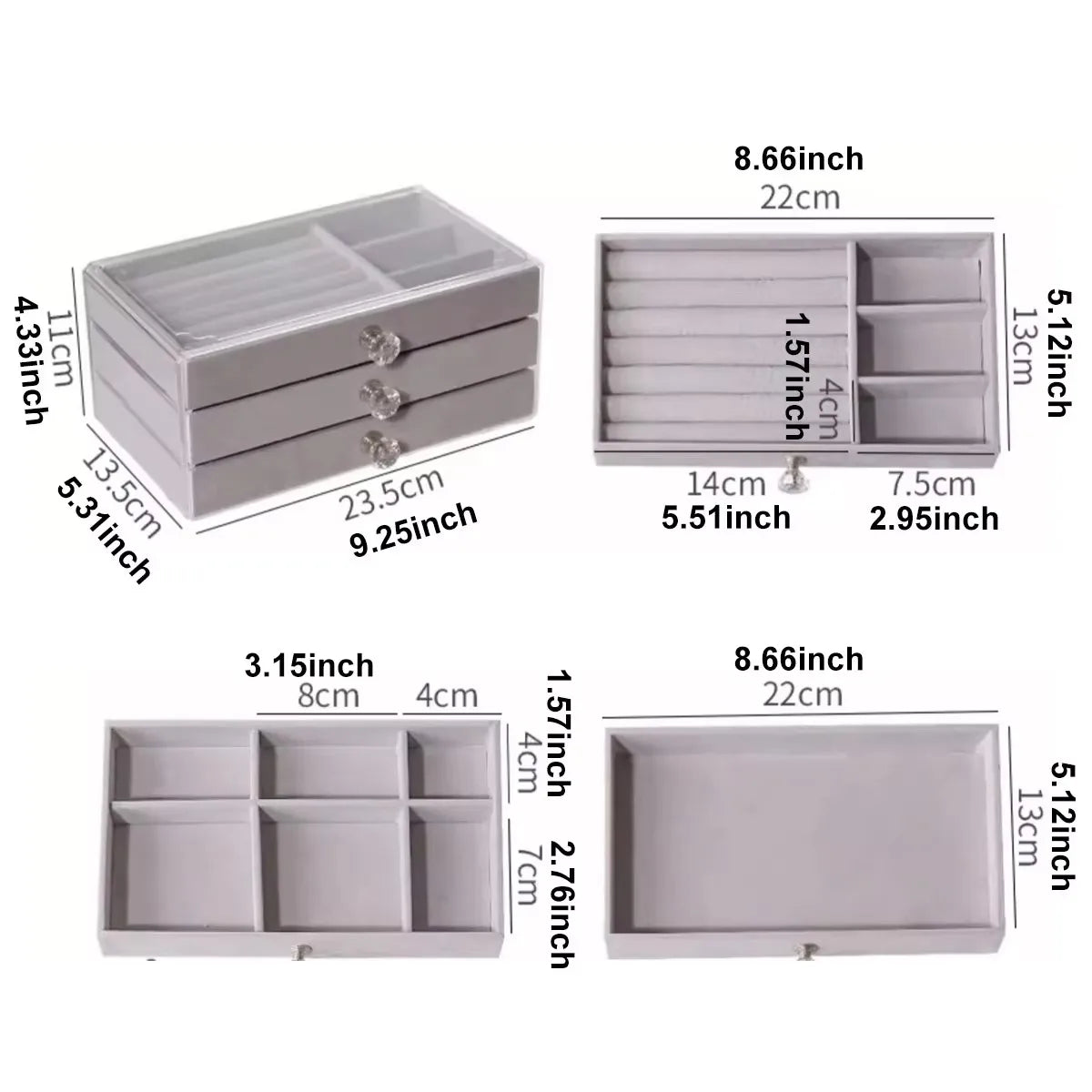 3-Tier Clear Acrylic Jewelry Box Drawer Organizer Velvet Lining Desktop Storage Rings Earrings Necklaces Bracelets Holder Women
