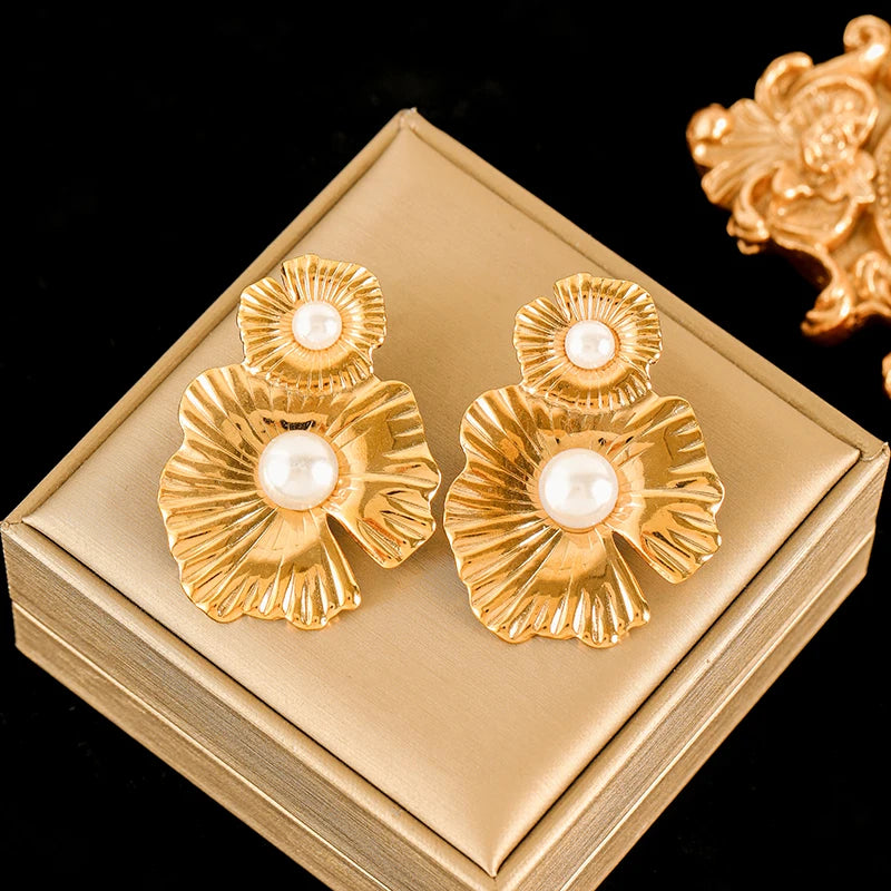 EILIECK 316L Stainless Steel Flower Pearl Stud Earrings For Women Girl Fashion New Gold Color Waterproof Jewelry Lady Gift