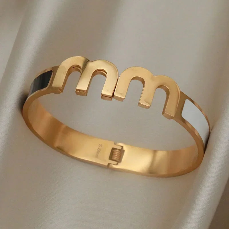 316L Stainless Steel Shell Letter V Bangle for Women Vintage Flower Cross Letter M Bracelets Rust-proof Wrist Jewelry Gift Party