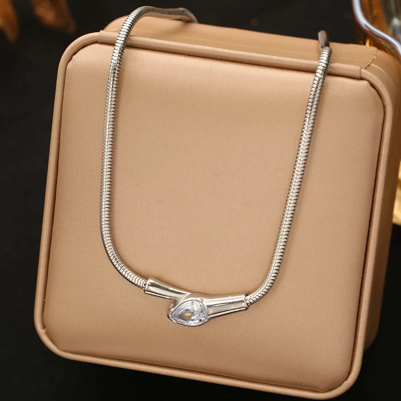 EILIECK 316L Stainless Steel Creative Snakehead Necklace For Women Trendy Shining Zircon Neck Chain Waterproof Jewelry Gift