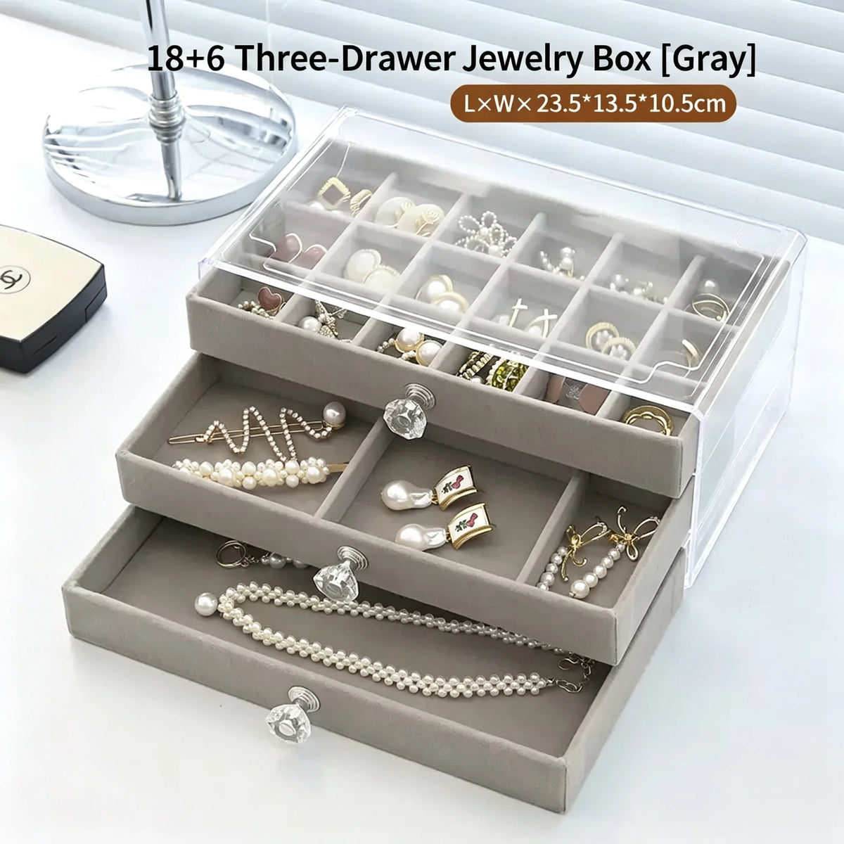 3-Tier Clear Acrylic Jewelry Box Drawer Organizer Velvet Lining Desktop Storage Rings Earrings Necklaces Bracelets Holder Women