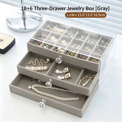 3-Tier Clear Acrylic Jewelry Box Drawer Organizer Velvet Lining Desktop Storage Rings Earrings Necklaces Bracelets Holder Women