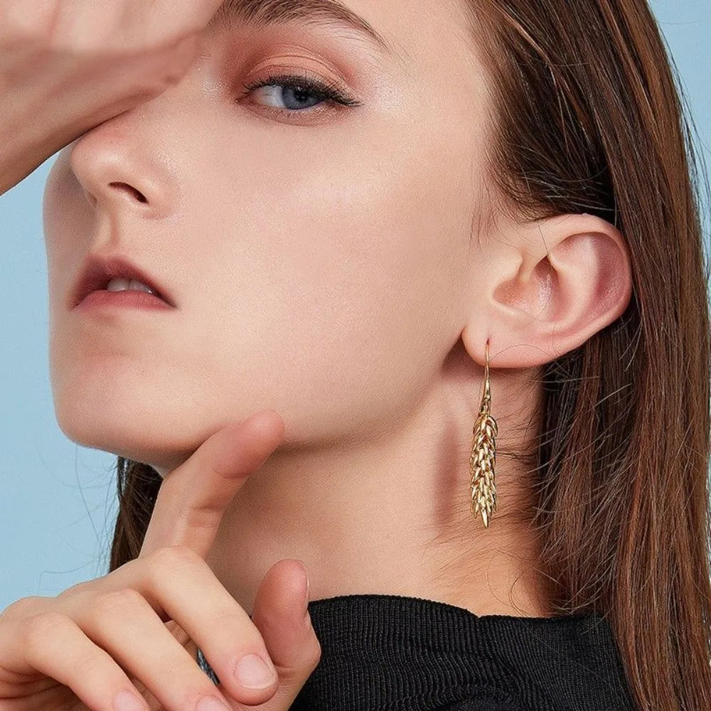 New 316L Stainless Steel Ear of Wheat Fashion Earrings 18K Gold Plated Water Resistant Personal Statement Jewelry Women