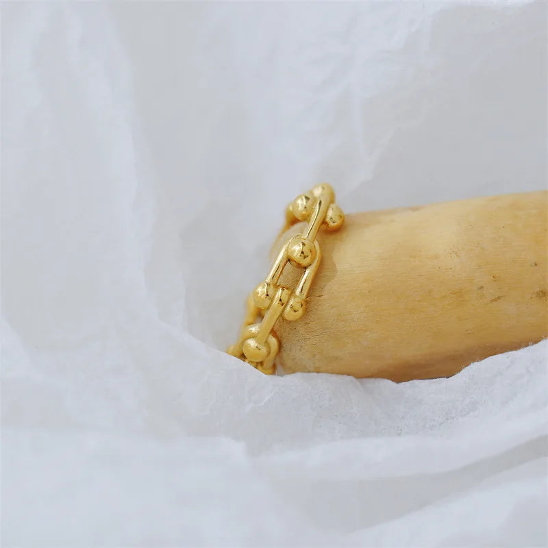 2024 Fashion Geometric 18K Gold Color U-shape Stitching Thick Chain Ring 316L Stainless Steel Woman Man Couple Ring Jewelry