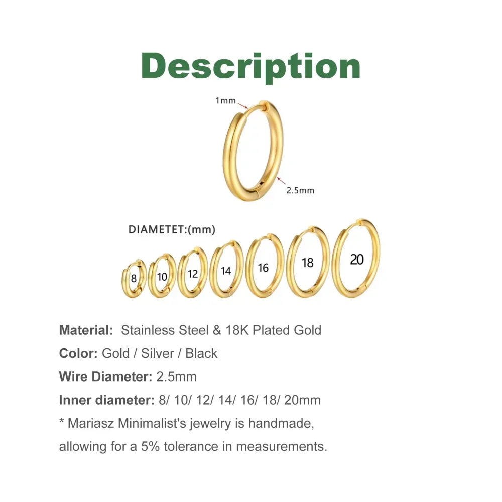 Mariasz Minimalist 2.5mm 316L Stainless Steel Dainty Daily Classic Hoop Earrings for Women Men Push PVD Gold Color Jewelry Set