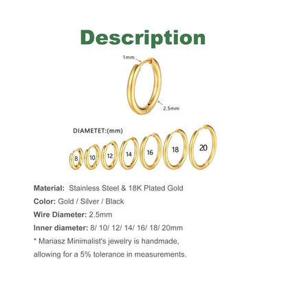 Mariasz Minimalist 2.5mm 316L Stainless Steel Dainty Daily Classic Hoop Earrings for Women Men Push PVD Gold Color Jewelry Set