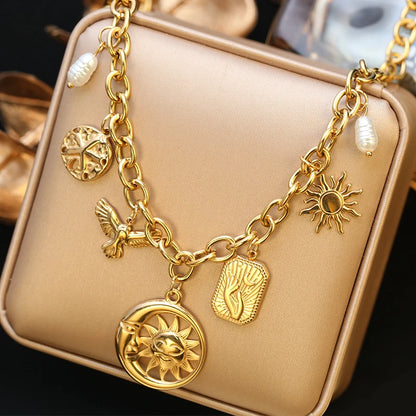EILIECK 316L Stainless Steel Charms Pearl Moon Pendant Necklace 18K Gold Plated Popular Summer Fashion Jewelry For Women Girl