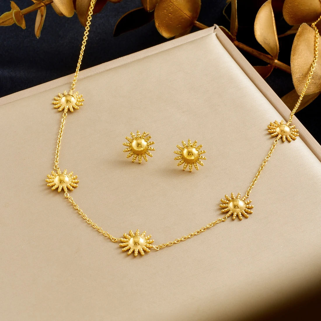 DIEYURO 316L Stainless Steel Golden Fashion Sun Necklace Earrings Bracelet Set For Women New Classic Waterproof Jewelry Gift