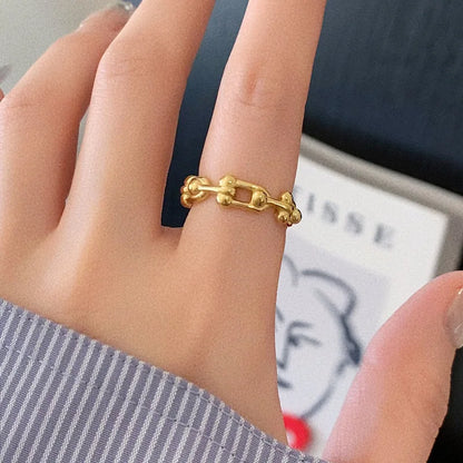 2024 Fashion Geometric 18K Gold Color U-shape Stitching Thick Chain Ring 316L Stainless Steel Woman Man Couple Ring Jewelry