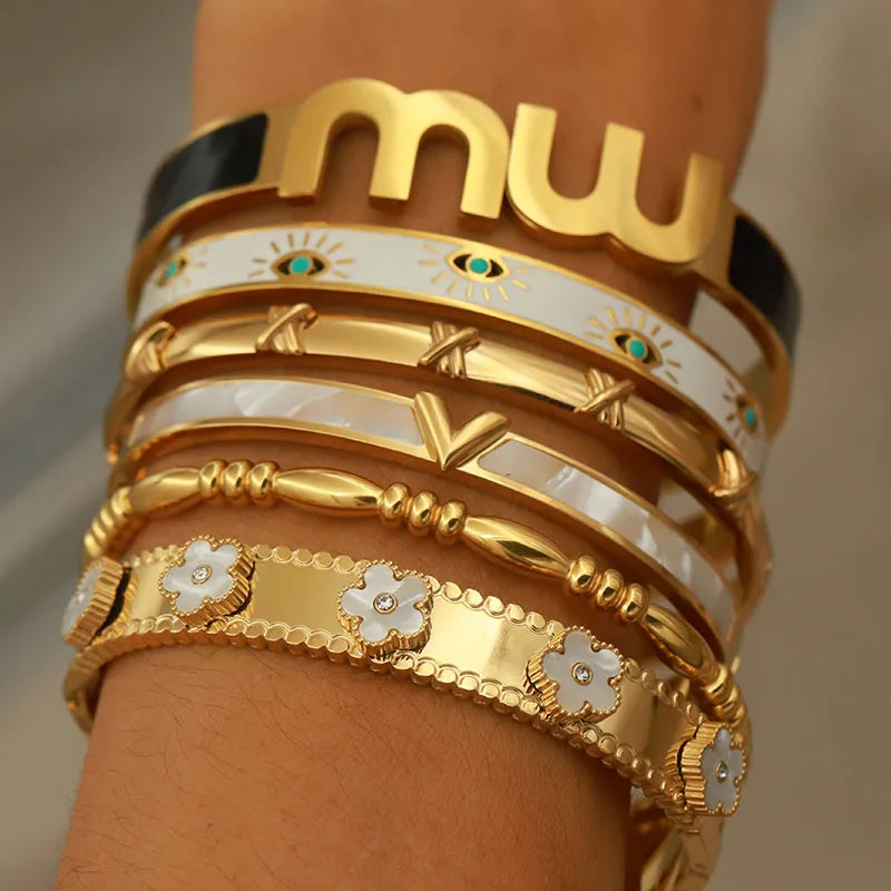 316L Stainless Steel Shell Letter V Bangle for Women Vintage Flower Cross Letter M Bracelets Rust-proof Wrist Jewelry Gift Party