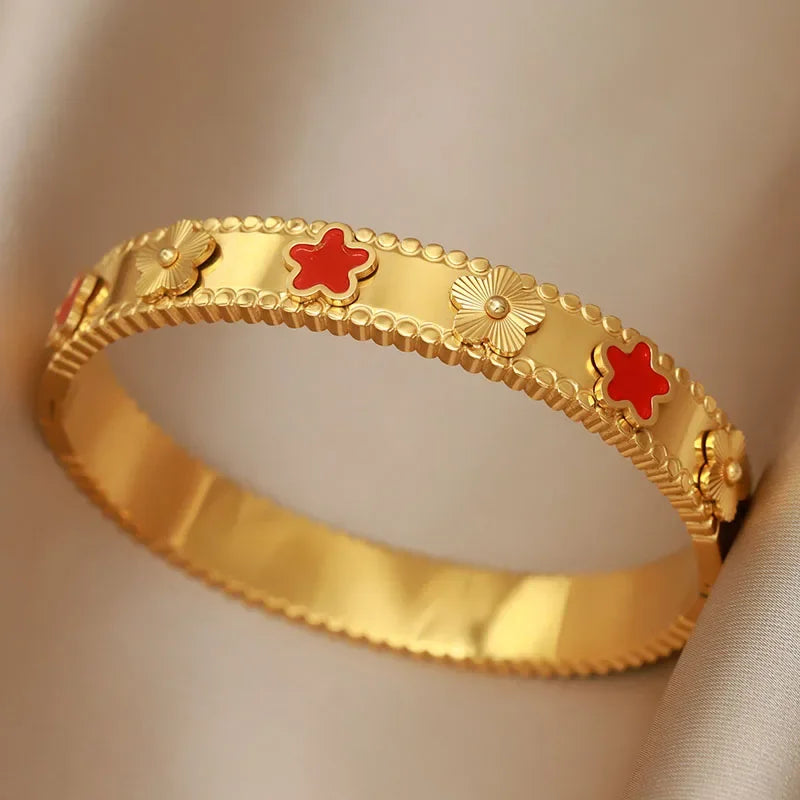 316L Stainless Steel Shell Letter V Bangle for Women Vintage Flower Cross Letter M Bracelets Rust-proof Wrist Jewelry Gift Party