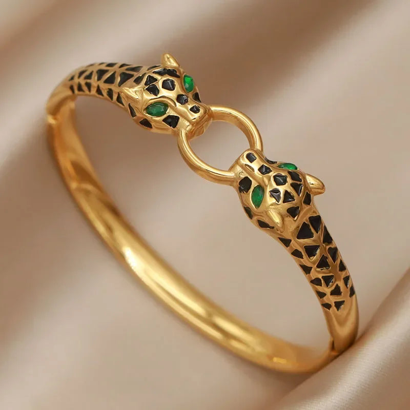 316L Stainless Steel Crystal Leopard Bangles for Women Vintage Bracelets Rust-proof Flower Zirconia Tree Wrist Jewelry Gift