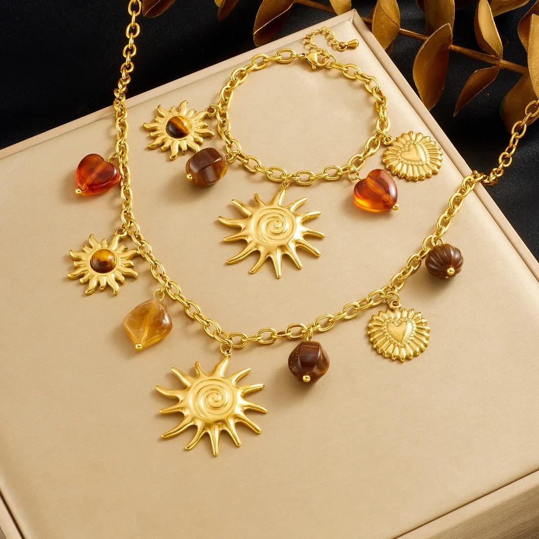 LAMENGLY 316L Stainless Steel Amber Stone Inlay Geometric Spiral Sun Heart Necklace Bracelet Set Lady Classic Trend Jewelry Suit