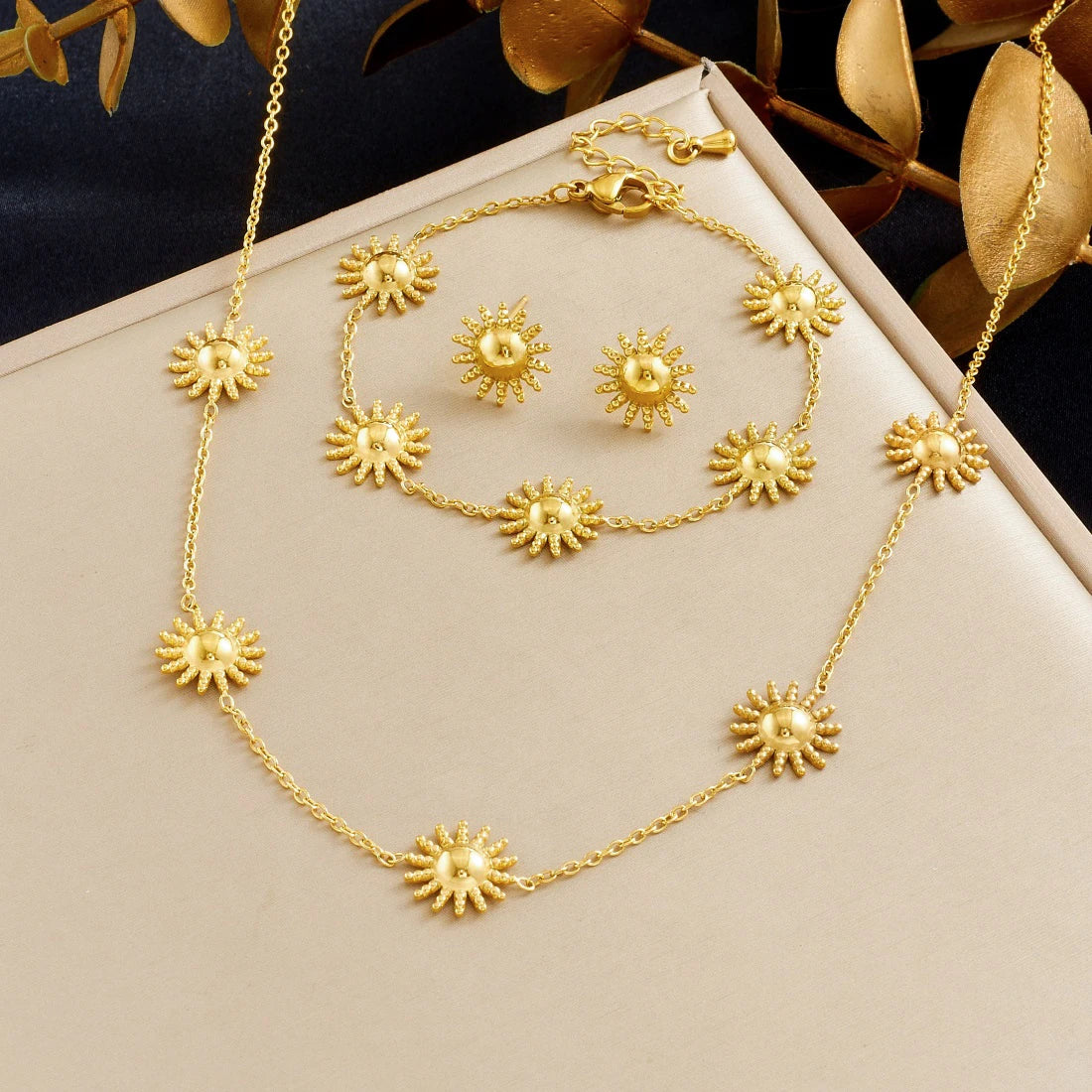 DIEYURO 316L Stainless Steel Golden Fashion Sun Necklace Earrings Bracelet Set For Women New Classic Waterproof Jewelry Gift