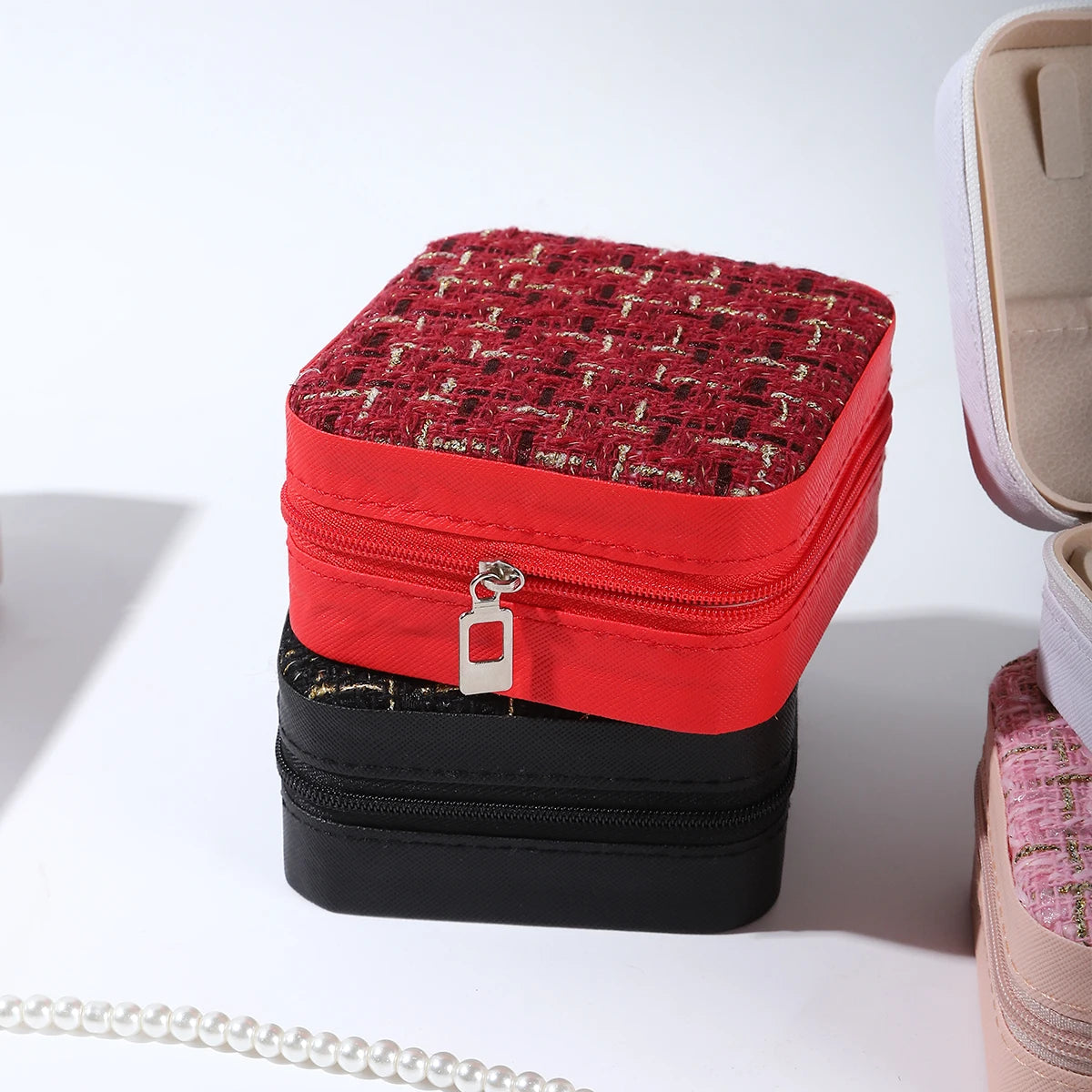 Small Plaid Fabric Travel Jewelry Box Portable Jewellery Storage Organizer Case For Necklace Ring Earring Women Gift Accessories